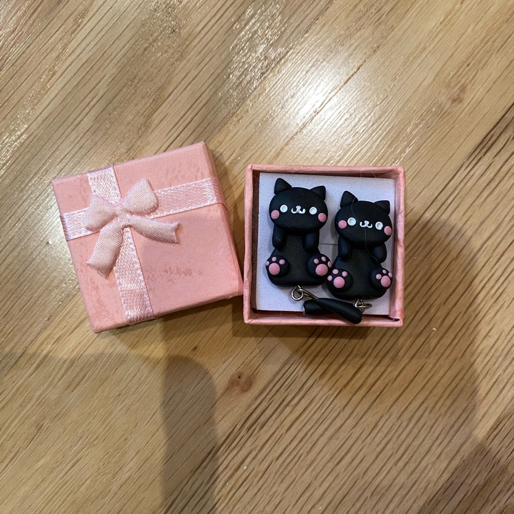 Black Cat Polymer Clay Dangly Earrings!